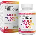 Millions & Millions Multivitamin + Iron Supplement for Men & Women - 90 Easy to Swallow Tablets - General Health and Wellbeing Support - Vegetarian Friendly - 3 Month Supply