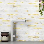 M MOFIT 3D Stone Brick Backsplash Tile for Kitchen Peel and Stick Self-Adhesive Wall Tile,Marble Linear Mosaic Tiles Stickers Bathroom Wall Panels Fireplace Vanity (White Titanium Gold,10sheets)