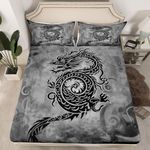 Castle Fairy Dragon Bed Sheet Set Home Decor Exotic Chinese Style Wildlife Animal Sheet Sets Deep Pocket,Vintage Black Gray Graffiti Mattress Cover,Twin Size with 1 Pillowcase