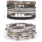 Suyi Multilayer Leather Bracelet Set 2 Pieces Beads Wrap Bracelet Wrist Cuff Bangles with Magnetic Buckle for Women Silver