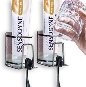 2 Pack Toothbrush Holder 304 Stainless Steel Wall Mounted 3 in 1 with Toothbrush Holder Toothpaste Holder and Cup Holder for Bathroom Shower