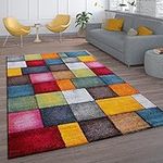 Paco Home Short-Pile Living Room Rug Check Design Colourful Squares Multi-Coloured Colourful, Size:160x230 cm