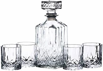 BarCraft Decanter per Whisky 900ml e set da Regalo, in Vetro Tagliato, 5 Pezzi, con Tappo in Silicone e 4x Bicchieri, 26 x 10 x 24cm