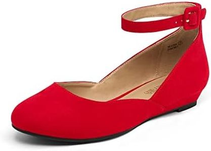 DREAM PAIRS Women's Dress Flats Ballet Low Wedge Round Toe Ankle Strap Comfortable Casual Flats Shoes,Size 5,Red/Suede,REVONA
