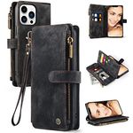 Vofolen for iPhone 13 Pro Case,iPhone 13 Pro Leather Wallet Case with Card Holder Slots Flip Stand Case Magnetic Lanyard Strap Wristlet Zipper Protective Case Cover for iPhone 13 Pro Phone Case-Black