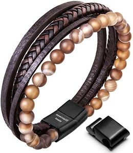 Speroto New Mens Bracelet Bead and Leather Braided, Lava and Onyx Bead Leather Bracelet for Men (Brown, 7.5)