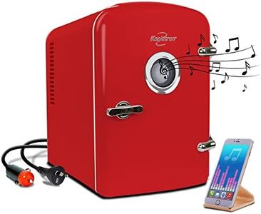 Koolatron 4L 6 Can Portable Mini Fridge with Bluetooth Speaker Compact Personal Cooler Includes Bonus 12V Car Adapter Desktop Accessory for Bedroom Home Office Dorm Travel Cosmetics (Red)