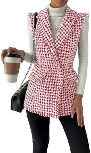 WDIRARA Women's Houndstooth Print Sleeveless Lapel Raw Trim Button Front Long Vest Jacket Red White X-Large