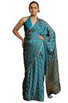 MIRCHI FASHION Women's Chiffon Georgette Chevron Foil Printed Saree with Blouse Piece (42794-Rama Blue, Grey, Golden)