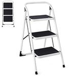 GiantexUK Folding 3/4 Step Ladder, Steel Stepladder with Anti-Slip Pedal & Reinforced Crossbar, Portable Safety Ladder Stool for Home Garage Workshop, 150kg Weight Capacity (3 Step, 47x68x98cm)