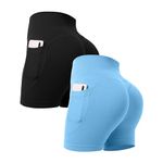 OVESPORT 2 Pack Scrunch Butt Lifting Workout Shorts for Women with Pockets High Waist Seamless Gym Yoga Shorts, Baby Blue Black, S