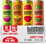 Betweener Sparkling Energy, Sparkling Water w/Real Juice & 100mg Caffeine, Light & Refreshing, L-Theanine for Focus, Vitamins B+C - Low Sugar - 45 Cals - Variety Pack (12 Pack)