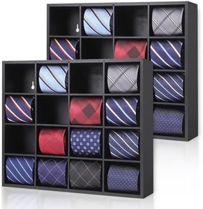 Ribgwo Tie Organizer Wall Mounted Tie rack,Tie box for Men,Tie Box Organizer with 16 Compartments，Tie Display Racks for Bedroom, changing room, Men Wardrobe(Black,2 PCS)