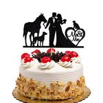 Mr & Mrs Cake Topper, Bride and Groom with Cat Dog Horse Silhouette Wedding Party Decorations, Black Glitter