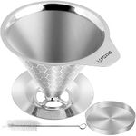 FOXAS Pour Over Coffee Dripper Filter, Reusable Stainless Steel Metal Pour Over Coffee Maker Cone,Paperless Permanent Coffee Strainer,Coffee Mesh Filters for 1-4 Cup with Base and Cleaning Brush