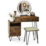 CHARMAID Vanity Set with 3 Colors Lighted Mirror, Left or Right Side Cabinet, 2 Large Drawers, Lipstick Storage Box, Bedroom Makeup Vanity Dressing Table with Cushioned Stool, Rustic Brown