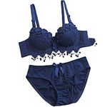 Flicarts Women's Gorgeous Honeymoon Double Heavy Padded Underwired Push Up Bra Panty Set Combo Set Bridal Lingerie Set NavyBlue