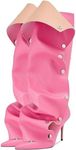 Arqa Womens Stiletto Heel Knee High Boots Pointed Toe Applique Pink Boot with Zipper Silver Buttons Fall Slouchy Boot