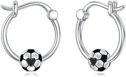 POTOPYY 3D Sports Earrings S925 Sterling Silver Football, Soccer, Basketball, Softball Hoop Earrings for Sensitive Ears 3D Sphere Huggie Hoops Jewelry Gifts for Women Men Player Fan, Sterling Silver,