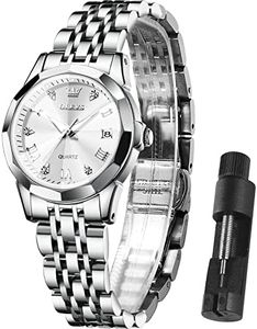 OLEVS Womens Watches Ladies Watches for Small Wrists Waterproof Watches Silver Stone Bracelet White Face Luxury Elegant Stainless Steel Dress Lady Watch for Women with Date
