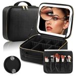 Travel Makeup Bag with LED Mirror, Waterproof Makeup Box with 10X Magnifying Mirror, Black Travel Makeup Organizer