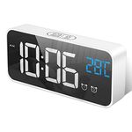 HOMVILLA Digital Alarm Clock with Big LED Temperature Display, Portable Mirror Alarm with Dual Alarm Snooze Time 4 Levels Adjustable Brightness Dimmer 13 Music USB Charging Port for Bedside, Bedroom