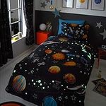 Happy Linen Company Boys Girls Kids Planets Space Rockets Glow In The Dark Navy Blue Single Duvet Cover Bedding Set