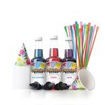 Hawaiian Shaved Ice 3 Flavor Fun Pack of Snow Cone Syrup | Kit Features 25 Snow Cone Cups, 25 Spoon Straws, 3 Black Bottle Pourers & Shaved Ice Syrup Flavors - Cherry, Grape, & Blue Raspberry