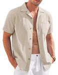 COOFANDY Mens Short Sleeve Button Down Shirts Casual Linen Cotton Shirt Vacation Resort Wear Beige