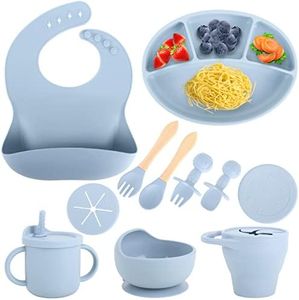 Silicone Baby Feeding Set 11pc, Baby Led Weaning No Mess Divided Suction Plate, Suction Bowl Silicone Bib, Spoon and Fork, Sippy and Snack Cup, BPA Free Silicone Baby Utensils, Dishwasher Safe (Blue)