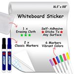 Large Whiteboard Sticker, ACVVIP Self-Adhesive Whiteboard Wall Sticker - 16.5" x 118" - 8 Colors Markers & 1 Eraser Cloth - Dry Erase Board Sticker for Classroom, Home, Office - White