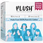 Plush Ultra-Thin Sanitary Pads For Women, 12 XL Natural Cotton Sanitary Napkins | Super Absorbent 12 Medium Flow XL + 2 Panty Liners For Rash Free Periods | Pure U.S. Cotton Pads With Disposable Pouch