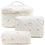 3 Pcs Cotton Quilted Makeup Bag, Large Aesthetic Cosmetic Bag Set Cute Flower Travel Toiletry Bag Makeup Brushes Storage Bag Trendy Makeup Organizer Bag for Women Girls, White Flower Set, Makeup Bag