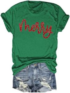 Christmas T Shirt for Women Winter Xmas Family Party Holiday Merry Sequin Glitter Graphic Tee Tops(Z1-Green-1,M)