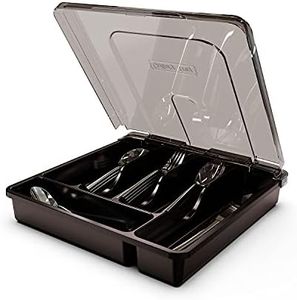 QINOL Silverware Tray with Lid, Utensil Drawer Organizer for Kitchen Countertop Plastic Flatware Organizers and Storage holder 5 Compartments Black