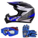 Zorax ZOR-X19 Blue XS (47-48cm) PREDATOR Kids Motocross Motorbike MX Helmet ECE2206 & Gloves S(5cm) & Goggles