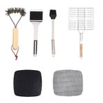 Amazon Brand - Umi SearSix BBQ Tool Set - Stainless Steel & Wooden Cleaning Brushes, Sauce Brush, Small Grill Net, Grill Mat, Grill Mesh - Set of 6 Barbeque Accessories for Grilling Enthusiasts