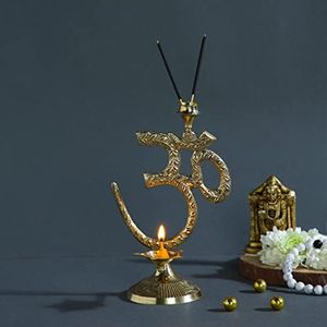 CraftVatika Om Symbol Design with Brass Diya Oil Lamp with Incense Holder, Brass Diya with Agarbatti Stand, Golden, (7 Inches Height)