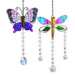 Set 2 Suncatchers with Crystals,Stained Glass Butterfly Dragonfly Sun Catchers Window Garden Hanging Decoration Ornament,Prism Rainbow Maker Pendant