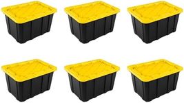 Sterilite 27 Gal Industrial Tote, Stackable Storage Bin with Snap-Fit Lid for Garage, Basement & Attic Storage, Black Base and Yellow Lily Lid, 6-Pack