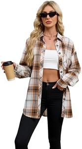 Lacozy Womens Plus Size Flannel Plaid Shirts Long Sleeve Casual Collared Button Down Shirt Loose Blouse Tops Khaki White S