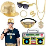 Hip Hop Accessories Set 80s 90s Hip Hop Rapper Star Fancy Dress Accessories with Gold Hat Disco Gold Dollar Sign Necklace Bracelet Rings Earrings Sunglasses Rings Bags for Women Men Hippie Party