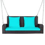 RELAX4LIFE Porch Swing 2-Seat Patio Rattan, Wicker Porch Swings Outdoor W/Two 7.9 Ft Solid Steel Chain, Comfortable Back & Seat Cushions, for Front Porch, Garden, Backyard Patio Swing (Turquoise)