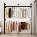 Industrial Pipe Clothing Rack, Heavy Duty Metal Clothes Rack with Double Rods for Hanging Clothes, Wall Mount Space-Saving Garment Display Rack (Double, Black)