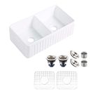 MEJE 84.5x45.5cm White Farmhouse Sink, Kitchen Sink, Reversible Double Bowl 50/50 Farm Sink, Apron-Front Sink with Strainers & Bottom Grids