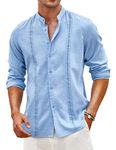 COOFANDY Men's Casual Linen Shirt Band Collar Long Sleeve Button Down Shirts Relax Fit Summer Beach Tops Light Blue