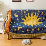 Sishynio Boho Throw Blanket | Double-Sided Cotton Boho Blanket | Tasseled, Celestial Tapestry | Ideal for Western Decor, Sofa, Bed, Travel | Yellow/Blue, 71"x51"