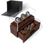 Challenge Coin Display Case - The Podium Dark Wood 3 Challenge Coin Case Holder to Display Different Sized Coins - Two-Tier Coin Case with Display and 3 Row Drawer - Military Coin Display Case Rack