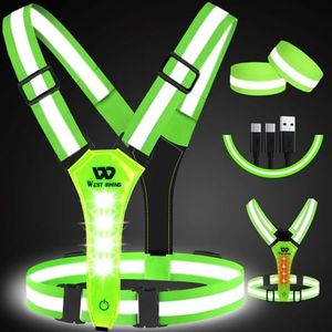 West Biking Running Vest Light - Led Running Reflective Gear for Walking at Night, High Visibility Night Rechargeable Light Up Running Vest, Adjustable Running Lights for Runners(Green)