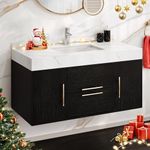 DWVO 40 Inch Black Floating Bathroom Vanity, Wall Mounted Bathroom Vanity with White Sintered Stone Countertop and Ceramic Basin Sink Bathroom Cabinet with 2 Drawers & 2 Storage Cabinets